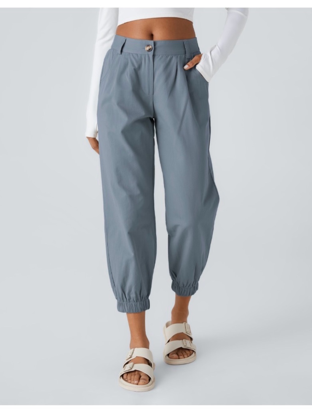 HALARA Slate Blue 100% Cotton Cropped Casual Pants-Sea Fog Blue- size MED
